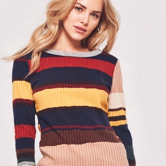Striped Color Block Ribbed Knit Sweater - Picture 2 of 9
